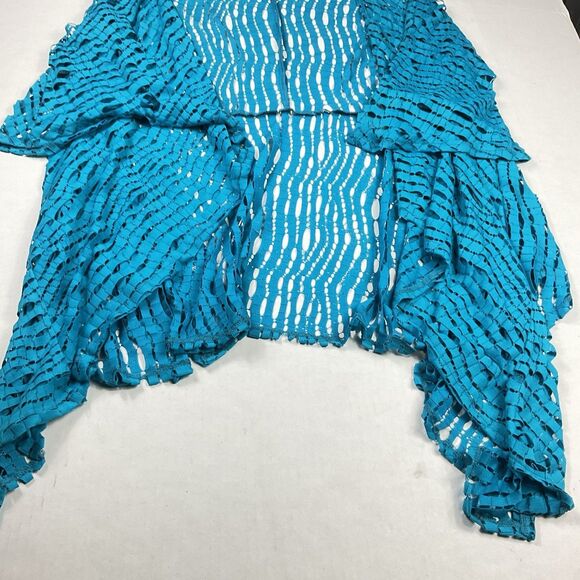 IC Connie K Open Front Top Blue Short Sleeve Laser Cut Jacket Boho Chic Flowy M - Picture 2 of 10